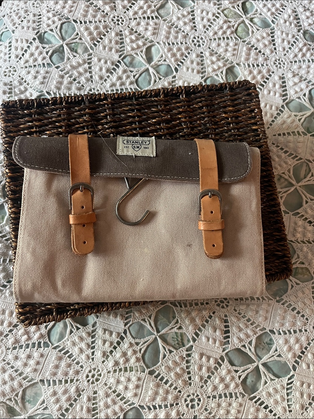 Stanley Beige Canvas Toiletry Roll with Brown Top and Tan Leather Straps